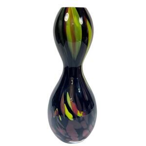 Vintage Murano Art Glass Vase Hand Blown Hourglass Double Gourd Black Red Green